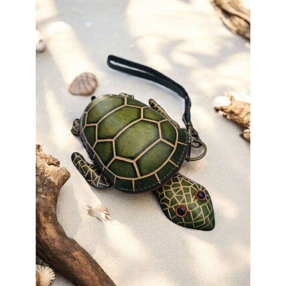 Turtle Handbags - New Green Genuine Leather Handmade Turtle Coin Purse Wristlet Key Case 5" X 7"